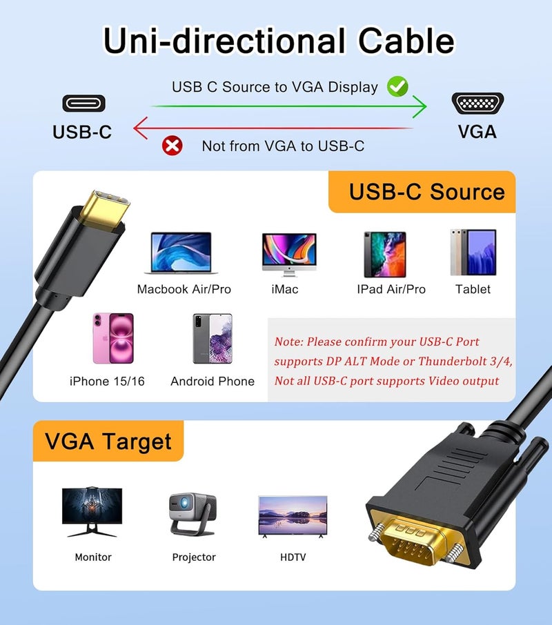 AKWOR 2 Pack USB C to VGA Cable 6FT, 1080P@60Hz USB Type C to VGA Adapter Video Converter [Thunderbolt 3/4 Compatible] with MacBook Air, iPad Pro, iPhone 15/16, iMac, XPS, Surface etc-Gold-Plated - Image 5